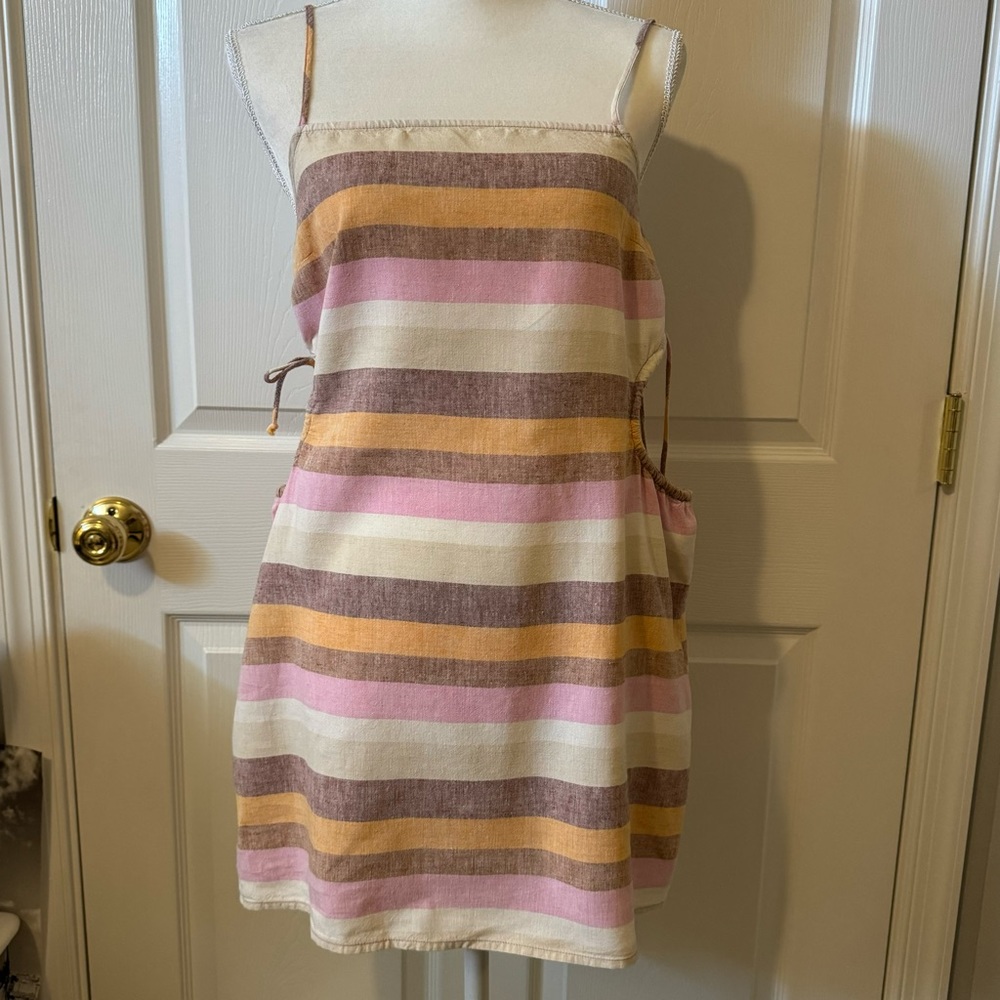 AERIE• Women’s Linen Mini Dress w/ Side Cut-Outs Pink & Tan Stripes Size- M